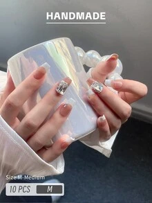 GIRL PLUS [中號] 高貴優雅的法式手工定制可穿戴鑽石美甲貼片,10片裝,適用於派對和日常穿著 - 彩色 - 查看 2