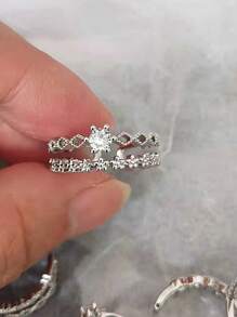 1入新娘伴娘婚戒套裝，可調整尺寸開放式雙層中空花朵設計豪華婚禮情侶戒指，鑽石水晶優雅動人 - 銀色 - 查看 4