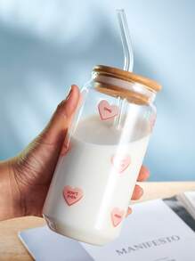 1入組高玻璃杯子-粉色的愛心形狀設計-透明玻璃瓶-飲料&果汁杯子帶蓋 - 無色 - 查看 1