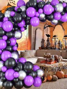 Conjunto De 92 Piezas De Globos De Halloween, Globos En Color Negro, Morado Y Plata Metálica Con Kit De Guirnalda De Arco, Perfecto Para Decoraciones De Fiestas De Cumpleaños, Graduación Y Bodas De Halloween Para Niños - Multicolor - Ver 2