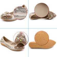 KUNWFNIX Women Ballet Flats Rhinestone Wedding Ballerina Shoes Foldable Sparkly Comfort Slip on Flat Shoes Butterfly Rhinestone Decoration - 金色 - 查看 4