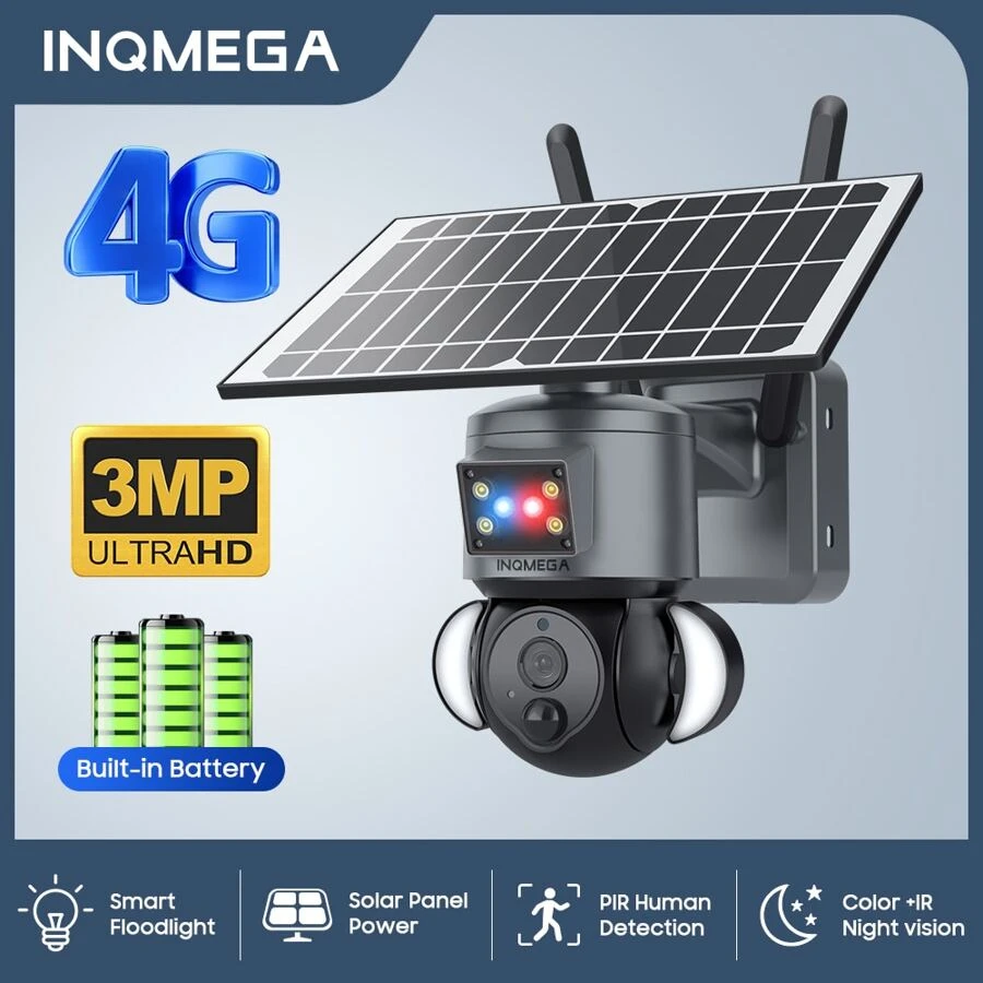 Inqmega 1入組灰色塑膠4g Sim Lte無線太陽能安防攝像機,配備pir移動偵測和警報功能,具有紅藍閃爍的警報燈和警報器,適用於戶外使用 - USB - 查看 1