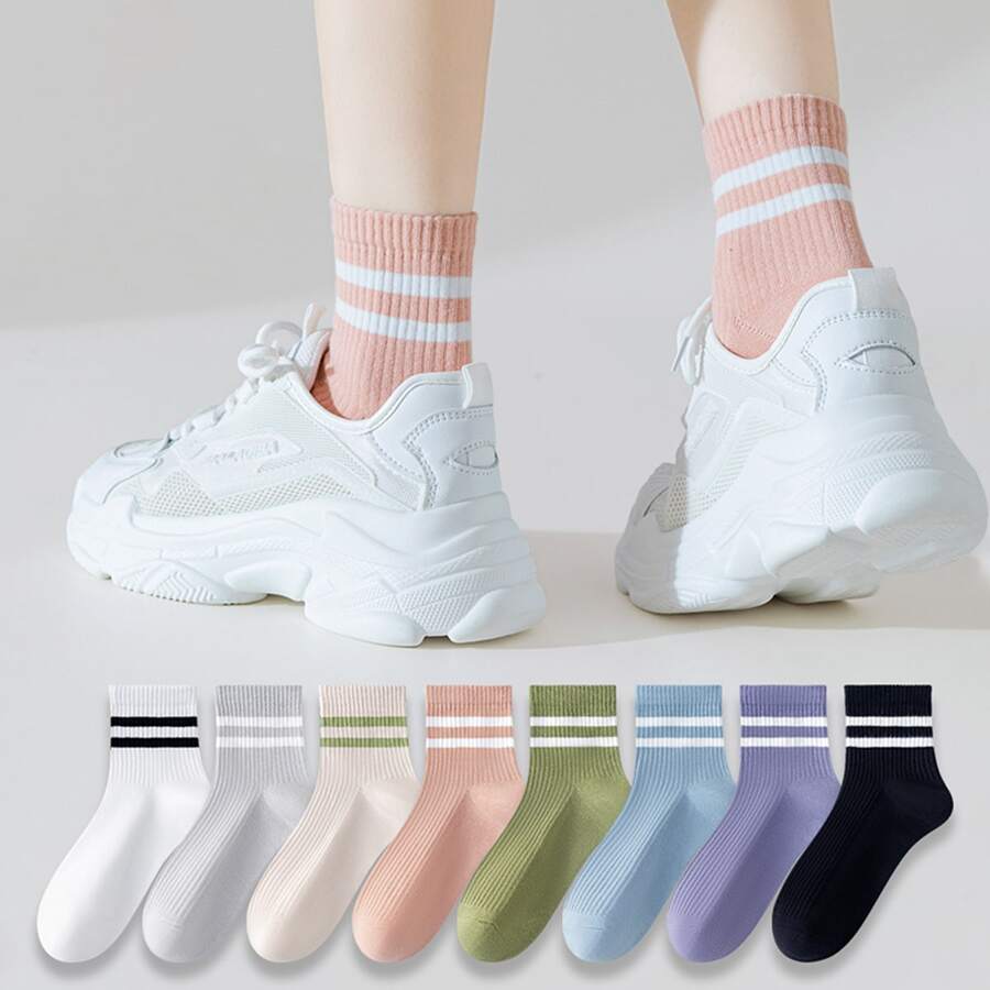 5pairs Women's Socks, Collegiate Style Striped Short Socks, Multicolor - Multicolor - View 1