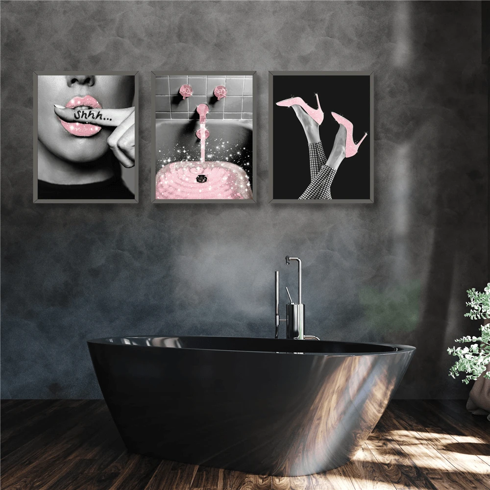 6pcs Frameless PinkFashion Wall Art Bathroom Decor Prints Set Of 6 Pink