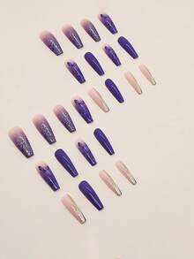 24 Piezas De Parches De Uñas Con Forma De Ataúd Largo En Tono Lila Claro Con Mariposas Doradas Y De Colores Brillantes + 1 Pieza De Pegamento De Jalea + 1 Lima Para Uñas - Multicolor - Ver 3