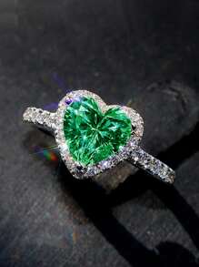 1 PC Romantic Green Heart Cubic Zirconia Ring For Women For Valentine's Day Gift Wedding Engagement Anniversary Party Jewelry Valentines,Mom,Mother,Mother's Day,Gift