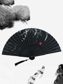 1pc Black Foldable Hand Fan Made Of Bamboo For Traditional Hanfu/classical Dance Performance - Black - View 1