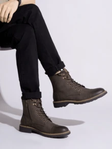 SHOESMALL Men's Fashionable High Top Work Boots Motorcycle Combat Ankle Dress Boots Casual Boots For Men Valentine's Day Date Shoes - BMY8033A-深棕色 - 查看 2