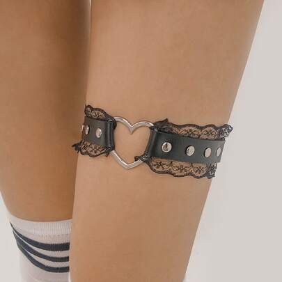 1 件黑色蕾丝和心形吊袜带，性感弹力可调节腿环，适用于新娘、派对和舞会活动装饰万圣节情人节