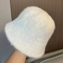 可調節女性漁夫帽，秋冬保暖舒適純色毛絨漁夫帽，優雅大方 - 白色 - 查看 2