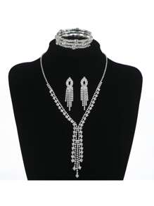 3入組鑽石首飾套裝包括項鍊,耳環和手環適用於女性時尚和簡約風新娘婚禮和派對配件
