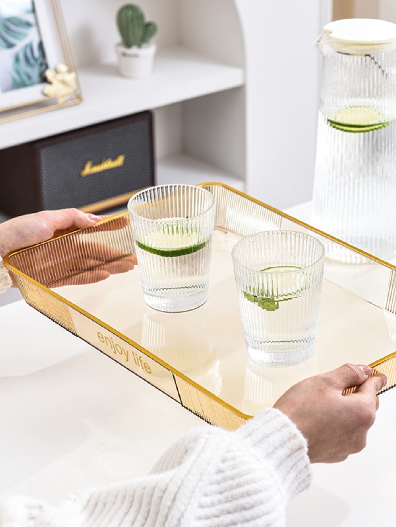 Rectangular Nordic Fruit Style Serving Tray For Home Use, Plastic Tea Platter For Coffee Table, Cups - Clear - View 1