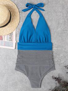 Women's Sexy One Piece Swimsuit With Backless Design, High Waist Ruched, Print And Neck Halter Strap Summer