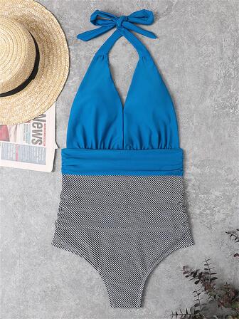 Women's Sexy One Piece Swimsuit With Backless Design, High Waist Ruched, Print And Neck Halter Strap Summer