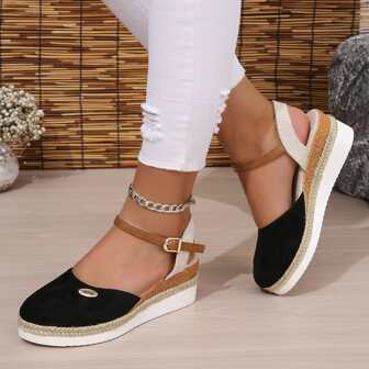 Plus Size Color Block Wedge Heel Lightweight Hollow Out Closed Toe Buckle Sandals With Braided Jute Sole For Women