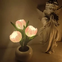 lampara de tulipanes, lampara de noche flor lampara tulipanes de luz LED lampara tulipan, lampara de escritorio led tulipan para Sala de Estar, Dormitorio, baño, Regalo para Novia, mamá e Hija - Rosa - Ver 1