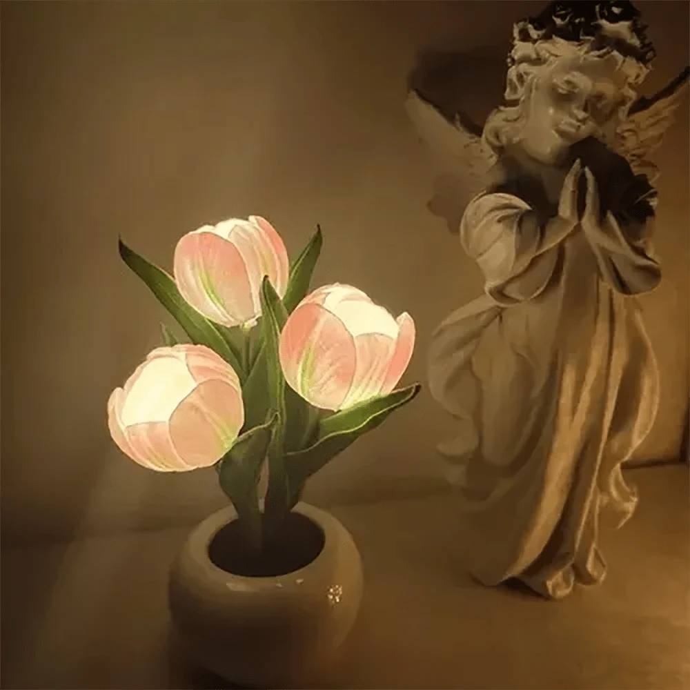 lampara de tulipanes, lampara de noche flor lampara tulipanes de luz LED lampara tulipan, lampara de escritorio led tulipan para Sala de Estar, Dormitorio, baño, Regalo para Novia, mamá e Hija - Rosa - Ver 1