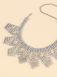 1pc Exaggerated & Glamorous Rhinestone Decor Alloy Necklace, Bridal Wedding Gift - Silver - View 4