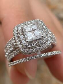 AIHUASI 2 Cái/bộ Nhẫn Đính Hôn Đám Cưới Bằng Bạc 925 Thanh Lịch Cho Nữ 5*5Mm Cắt Công Chúa Đính Đá Cubic Zirconia Cao Cấp Bộ Cô Dâu Sang Trọng bộ Trang Sức Cao Cấp Quà Tặng Kỷ Niệm - Bạc - Xem 10