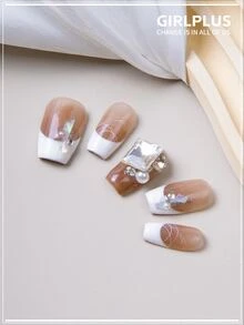 GIRL PLUS [中號] 高貴優雅的法式手工定制可穿戴鑽石美甲貼片,10片裝,適用於派對和日常穿著 - 彩色 - 查看 3
