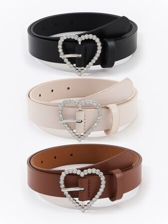 3pcs Heart-Shaped Rhinestone Buckle Leather Belt For Women Summer, School Fall, Autumn, Halloween