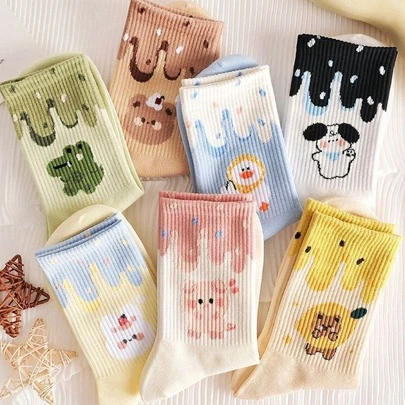 7 Pairs Women's Mid-Calf Socks, Fall/Winter New Ins All-Match Student ' Socks, Korean Sweet & Cute Japanese Jk Style Daily Wear