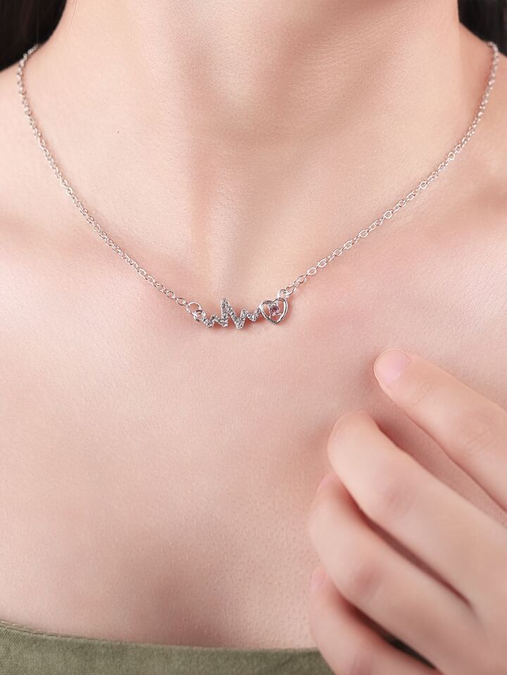 1pc Heartbeat-shaped Silver Collarbone Necklace With Water
