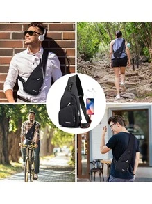 1 件黑色防水拉链胸包，多层大容量多功能斜挎包带 USB 端口，适用于户外徒步旅行单肩包斜挎包侧包通勤宿舍大学圣诞包冬季圣诞礼物假期节日礼物侧包礼物夏季返校运动生活包腰包腰包春季学校用品 - 黑色 - 查看 10