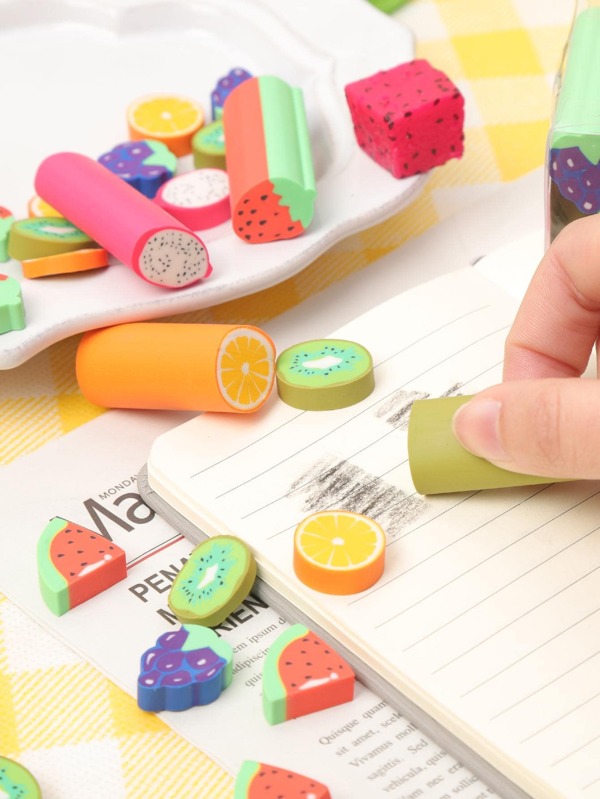 1set 6pcs/set Mini Fruit Patterned Long Rectangular Erasers (grape, Watermelon, Strawberry