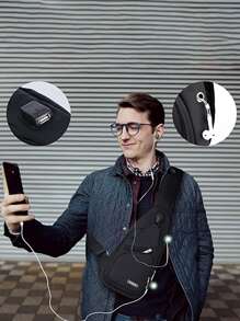 1 件黑色防水拉链胸包，多层大容量多功能斜挎包带 USB 端口，适用于户外徒步旅行单肩包斜挎包侧包通勤宿舍大学圣诞包冬季圣诞礼物假期节日礼物侧包礼物夏季返校运动生活包腰包腰包春季学校用品 - 黑色 - 查看 9