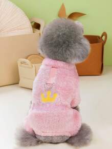1pc Pet Crown Embroidery Plush Jumpsuit - Pink - View 1