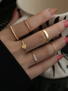 6入組時尚簡約款式女士戒指套裝,歐美風格人造珍珠和獨特設計 - 金黃色 - 查看 1