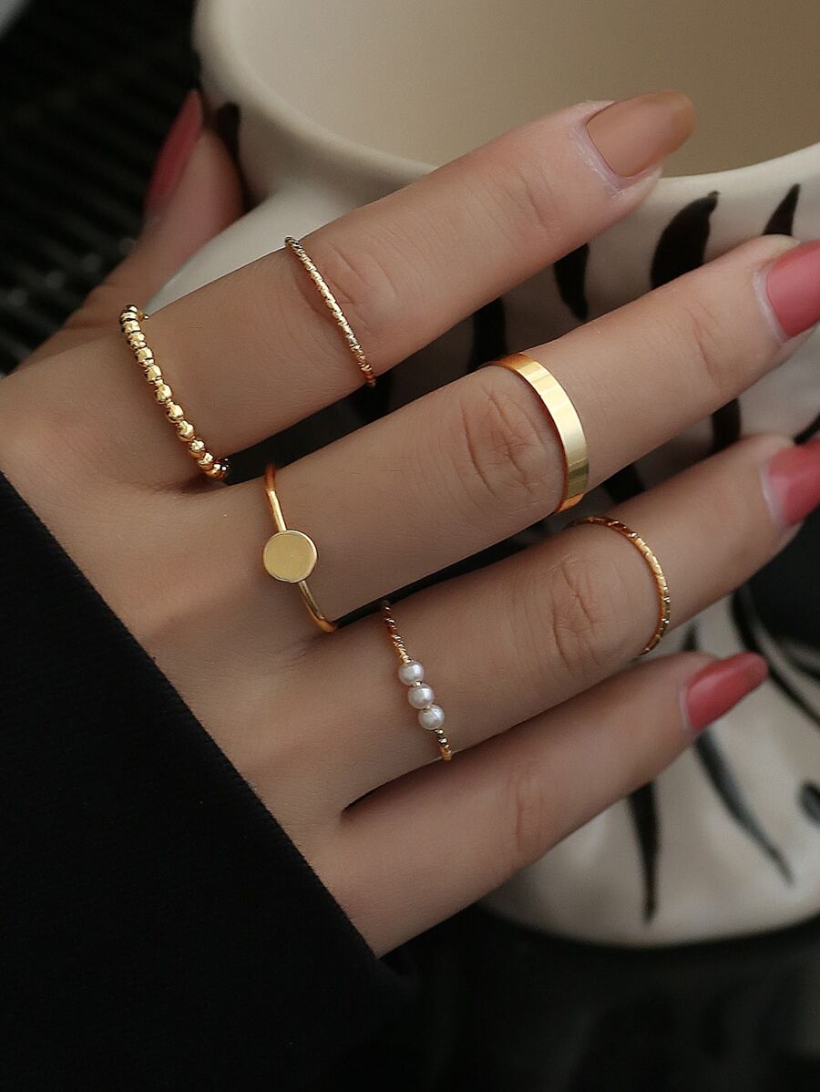 6入組時尚簡約款式女士戒指套裝,歐美風格人造珍珠和獨特設計 - 金黃色 - 查看 1