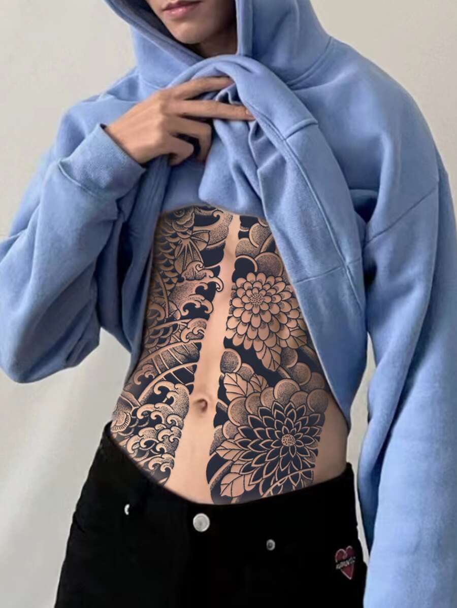 Chaqueta Cárdigan Impresa Con Tatuajes Tradicionales De Patrón De Flor Y Koi A Prueba De Agua Para Hombre Y No Reflectante - Negro - Ver 1