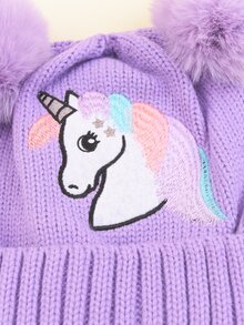 1pc Kid's Cute Unicorn Embroidery Knitted Hat With Double Pom-pom For Winter Warmth, Daily Wear - Purple - View 2