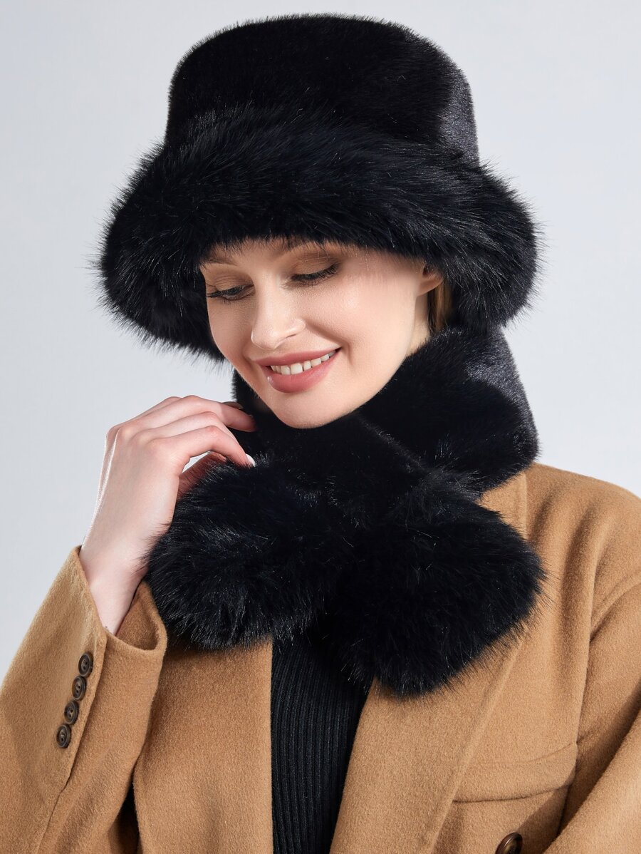 Scarf&hat Fluffy Cossack Style Hat for Ladies Winter Hats for Women - Black - View 1