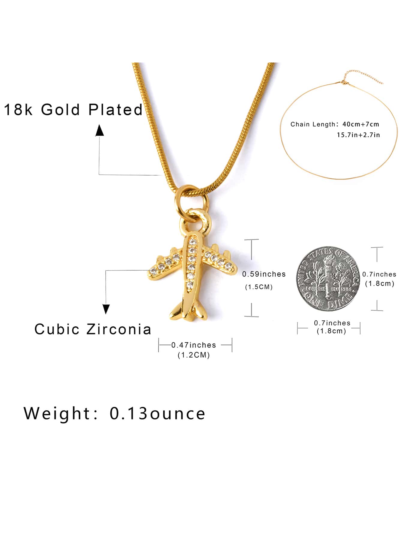 Ficcino Gold Plated Airplane Pendant Necklace With Cubic Zirconia,women's Titanium Steel Chain, Perfect For Daily Use And Holiday Gift With Box.