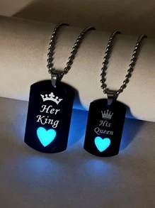 ATLVXJL 2pcs/Set Couple Matching Bracelets Crown Heart Love Glow In The Dark Letter HER KING & HIS QUEEN Stainless Steel Chain Charm Necklace Valentine's Day Gift Couple Gifts,Mom,Mother,Mother's Day,Gift - Multicolor - View 1