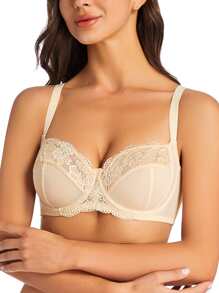 Women's Lace Bra, Sheer Double Layer See-Through Bra Without Padding - Apricot - View 1