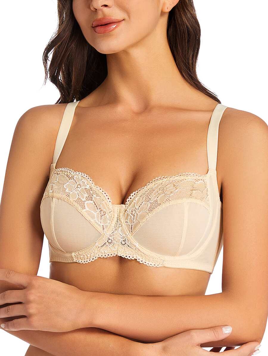 Women's Lace Bra, Sheer Double Layer See-Through Bra Without Padding - Apricot - View 1