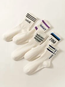 5 Pairs Plain Beige Blend Socks With Retro English Letter Design (mid-calf Length) For Women