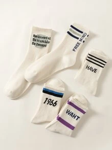 5 Pairs Plain Beige Blend Socks With Retro English Letter Design (mid-calf Length) For Women