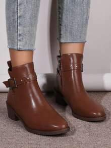 Weiche Pu-leder-stiefeletten Für Damen Mit Niedrigen Absätzen, Gefüttert, Warm Und Modisch - Braun - Übersicht 2