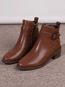 Weiche Pu-leder-stiefeletten Für Damen Mit Niedrigen Absätzen, Gefüttert, Warm Und Modisch - Braun - Übersicht 1