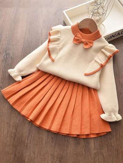 Girls Cute Ruffle Collar Long Sleeve Bow Top And Pleated Skirt Set, School Style, Autumn/Winter