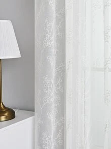 1pc White Sheer Curtain With Branch Embroidery - White - View 5
