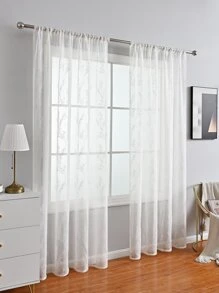 1pc White Sheer Curtain With Branch Embroidery - White - View 3