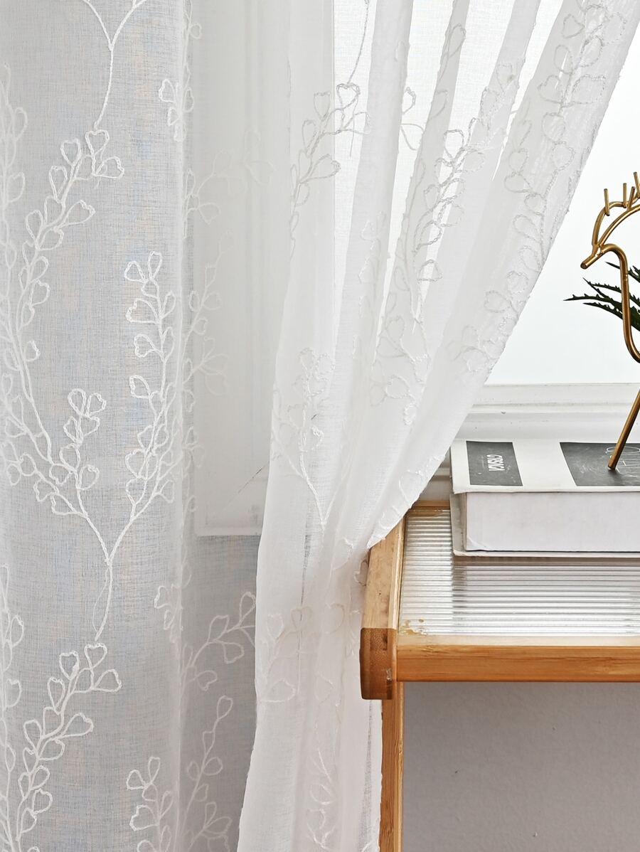 1pc White Sheer Curtain With Branch Embroidery - White - View 1