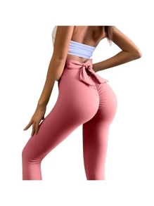 Leggings para mujer de Yoga de Cintura Alta de Encaje y Plisado Cadera elevación melocotón Pantalones de Gimnasio Pantalones Deportivos - Rojo violeta - Ver 1