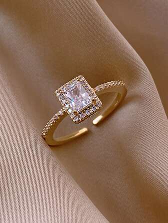 1pc Bridal & Bridesmaid Wedding Ring, Adjustable Size, Rectangular Shaped 1ct Cubic Zirconia Stone Decor, Luxury High-End Design For Wedding Or Dating, Couples Rings Royal